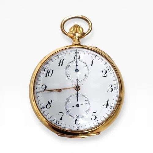 EXOTIC LONGINES POCKET WATCH 54 MM 18K YELLOW GOLD MANUAL CHRONOGRAPH CIRCA 1930 (1 of 2)