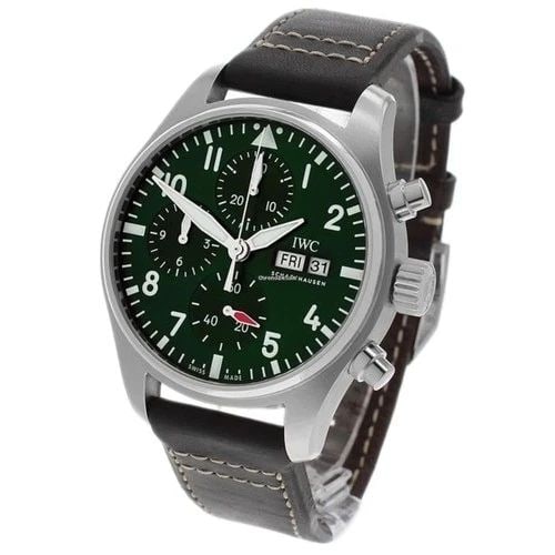 IWC PILOTS STEEL 41 MM GREEN AUTOMATIC CHRONOGRAPH WATCH IW388103 FULL SET: IWC PILOTS STEEL 41 MM GREEN AUTOMATIC CHRONOGRAPH WATCH Manufacturer IWC Category Pilots Watch Reference Number IW388103 Band Color Brown Band Type Leather Box Yes Condition New with tags Dial Color 
