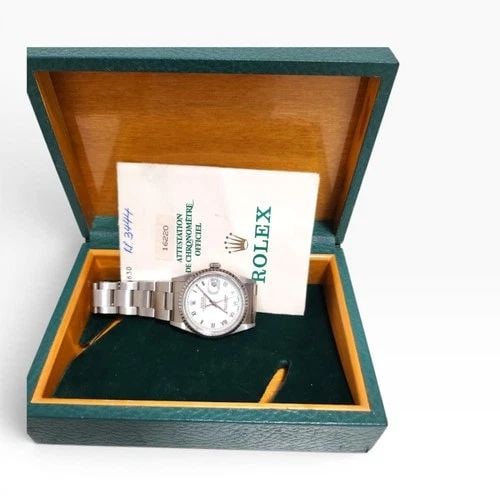 FULL SET ROLEX DATEJUST 36 MM WHITE ROMAN OYSTER STEEL WATCH 16220 T SERIES 1996: FULL SET ROLEX DATEJUST 36 MM WHITE ROMAN OYSTER STEEL WATCH 16220 T SERIES 1996 Manufacturer Rolex Category Mens Datejust 36mm Subcategory Sapphire Crystal Quick Set Reference Number 16220 Band Stain