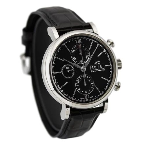 IWC PORTOFINO DAY DATE CHRONOGRAPH STEEL AUTOMATIC 42 MM BLACK WATCH IW391029: IWC PORTOFINO DAY DATE CHRONOGRAPH STEEL AUTOMATIC 42 MM BLACK WATCH Manufacturer IWC Category Portofino Reference Number IW391029 Band Color Black Band Type Alligator Box Yes Condition New with tags 