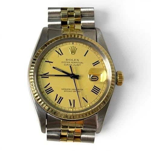 ROLEX DATEJUST 36 MM TWO TONE JUBILEE CHAMPAGNE BUCKLEY WATCH 16013 CIRCA 1978: ROLEX DATEJUST 36 MM TWO TONE JUBILEE CHAMPAGNE BUCKLEY WATCH 16013 CIRCA 1978 Manufacturer Rolex Category Mens Datejust 36mm Subcategory Plastic Crystal Quick Set Reference Number 16013 Band Steel ,Y
