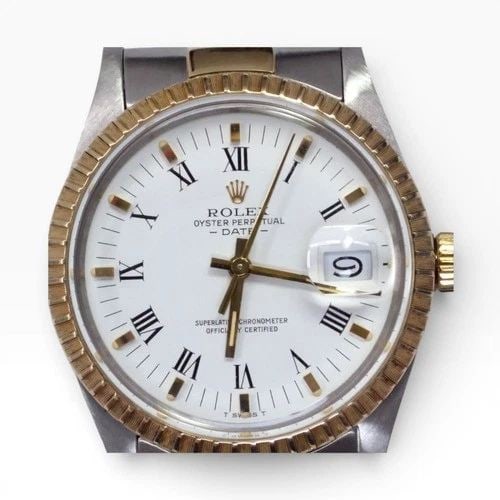 ROLEX DATE 34 MM TWO TONE WHITE ROMAN OYSTER AUTOMATIC WATCH 15053 CIRCA 1982: ROLEX DATE 34 MM TWO TONE WHITE ROMAN OYSTER AUTOMATIC WATCH 15053 CIRCA 1982 Manufacturer Rolex Category Mens Date 34mm Subcategory Plastic Crystal Quick Set Reference Number 15053 Additional Keyword