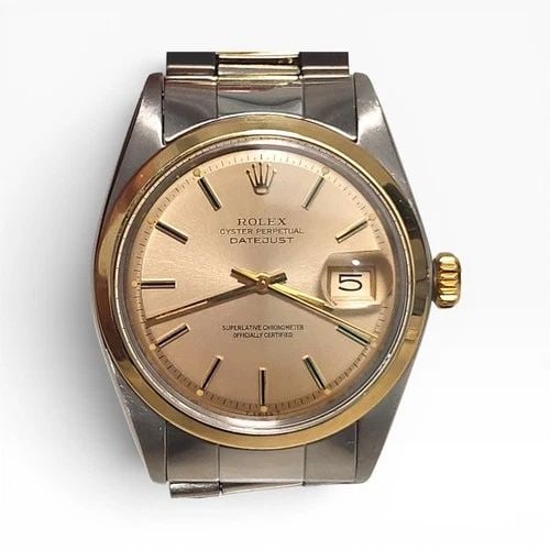 ROLEX DATEJUST 36 MM TWO TONE CHAMPAGNE OYSTER AUTOMATIC WATCH 1600 CIRCA 1973: ROLEX DATEJUST 36 MM TWO TONE CHAMPAGNE OYSTER AUTOMATIC WATCH 1600 CIRCA 1973 Manufacturer Rolex Category Mens Datejust 36mm Subcategory Plastic Crystal Non Quick Reference Number 1600 Band Steel ,Ye
