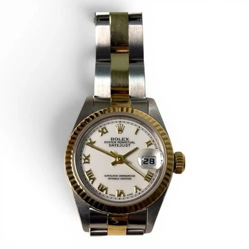 ROLEX LADIES DATEJUST 26 MM STEEL 18K GOLD WHITE ROMAN OYSTER WATCH 69173 1997: ROLEX LADIES DATEJUST 26 MM STEEL 18K GOLD WHITE ROMAN OYSTER WATCH 69173 1997 Manufacturer Rolex Category Ladies Datejust Reference Number 69173 Band Steel ,Yellow Gold Band Color Yellow Gold & Stain