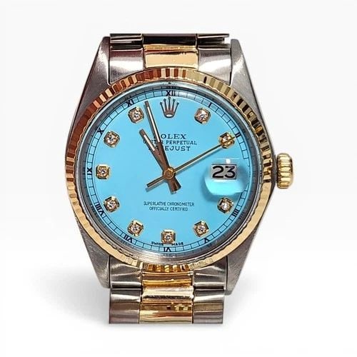 ROLEX DATEJUST 36 MM TWO TONE BLUE TURQUOISE DIAMOND DIAL OYSTER WATCH 1603 1970: ROLEX DATEJUST 36 MM TWO TONE BLUE TURQUOISE DIAMOND DIAL OYSTER WATCH 1603 1970 Manufacturer Rolex Category Mens Datejust 36mm Subcategory Plastic Crystal Non Quick Reference Number 1603 Additional K