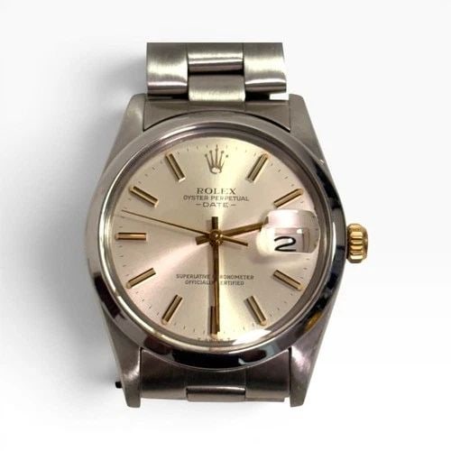 ROLEX DATE 34 MM STEEL OYSTER AUTOMATIC WATCH 15000 CIRCA 1981: ROLEX DATE 34 MM STEEL OYSTER AUTOMATIC WATCH 15000 CIRCA 1981 Manufacturer Rolex Category Mens Date 34mm Subcategory Plastic Crystal Quick Set Reference Number 15000 Band Stainless Steel Band Color S