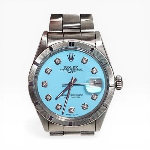 ROLEX DATE 34MM BLUE TURQUOISE DIAMOND DIAL STEEL AUTOMATIC WATCH 1501 YEAR 1974: ROLEX DATE 34MM BLUE TURQUOISE DIAMOND DIAL STEEL AUTOMATIC WATCH Manufacturer Rolex Category Mens Date 34mm Reference Number 1501 Band Stainless Steel Band Color Steel Band Type Oyster Bezel Engine T