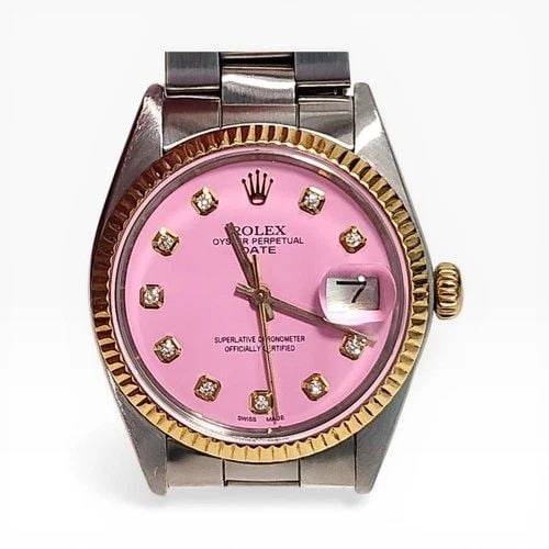 ROLEX DATE 34MM CANDY PINK DIAMOND DIAL TWO TONE AUTOMATIC WATCH 1501 CIRCA 1975 (1 of 2)
