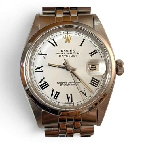 ROLEX DATEJUST 36MM STEEL WHITE ROMAN BUCKLEY DIAL JUBILEE WATCH 1600 CIRCA 1972: ROLEX DATEJUST 36MM STEEL WHITE ROMAN BUCKLEY DIAL JUBILEE WATCH 1600 CIRCA 1972 Manufacturer Rolex Category Mens Datejust 36mm Subcategory Plastic Crystal Non Quick Reference Number 1600 Band Stainle