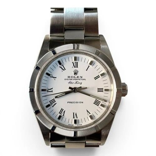 ROLEX AIR KING PRECISION 34MM STEEL WHITE ROMAN OYSTER WATCH 14010 P SERIES 2000: ROLEX AIR KING PRECISION 34MM STEEL WHITE ROMAN OYSTER WATCH 14010 P SERIES 2000 Manufacturer Rolex Category Mens Air King Reference Number 14010 Additional Keywords NO HOLES CASE Band Stainless Steel
