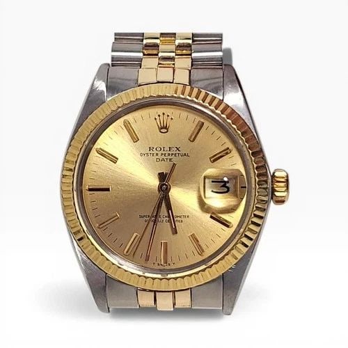 ROLEX DATE 34 MM TWO TONE JUBILEE CHAMPAGNE AUTOMATIC WATCH 1500 CIRCA 1969: ROLEX DATE 34 MM TWO TONE JUBILEE CHAMPAGNE AUTOMATIC WATCH Manufacturer Rolex Category Mens Date 34mm Subcategory Plastic Crystal Non Quick Reference Number 1500 Band Steel ,Yellow Gold Band Color Ye