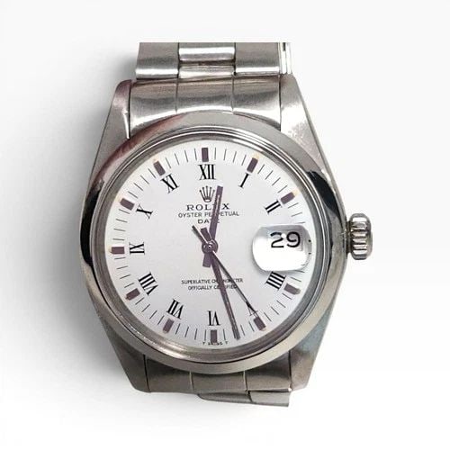 ROLEX DATE 34 MM STEEL WHITE ROMAN OYSTER AUTOMATIC WATCH 1500 CIRCA 1974: ROLEX DATE 34 MM STEEL WHITE ROMAN OYSTER AUTOMATIC WATCH 1500 CIRCA 1974 Manufacturer Rolex Category Mens Date 34mm Subcategory Plastic Crystal Non Quick Reference Number 1500 Band Stainless Steel Ba