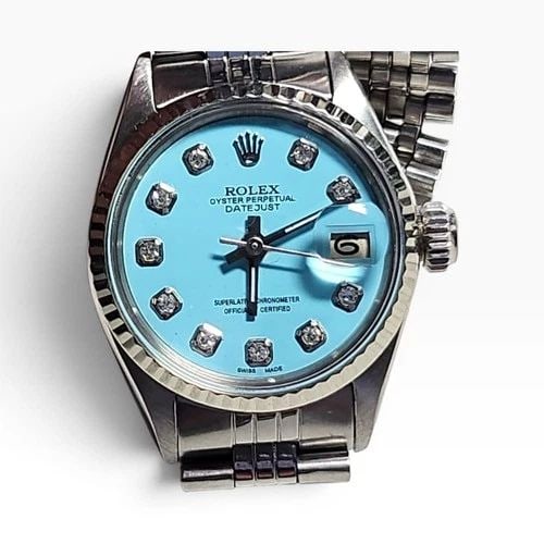 ROLEX LADIES DATEJUST 26 MM STEEL BLUE TURQUOISE DIAMOND DIAL JUBILEE WATCH 6517: ROLEX LADIES DATEJUST 26 MM STEEL BLUE TURQUOISE DIAMOND DIAL JUBILEE WATCH 6517 Manufacturer Rolex Category Ladies Datejust Reference Number 6517 Additional Keywords CUSTOM TIFFANY DIAMOND DIAL Band 