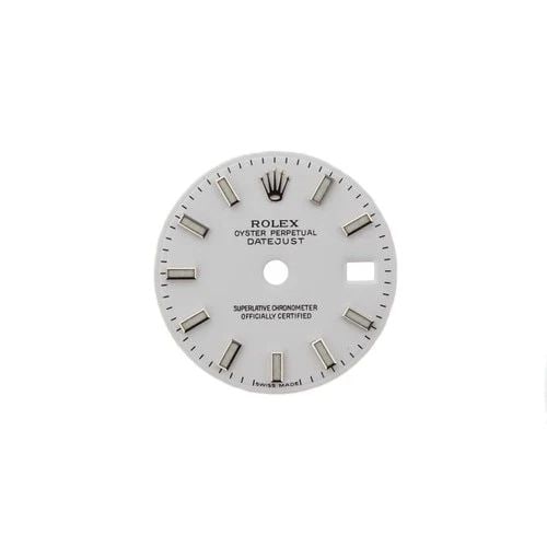 NEW ROLEX DIAL LADIES DATEJUST WITH WHITE GOLD STICKS: NEW ROLEX DIAL LADIES DATEJUST WITH WHITE GOLD STICKS Manufacturer Rolex Dials Category OP Ladies Datejust Reference Number 69179 Additional Keywords White Condition New with tags Crystal Any Descript