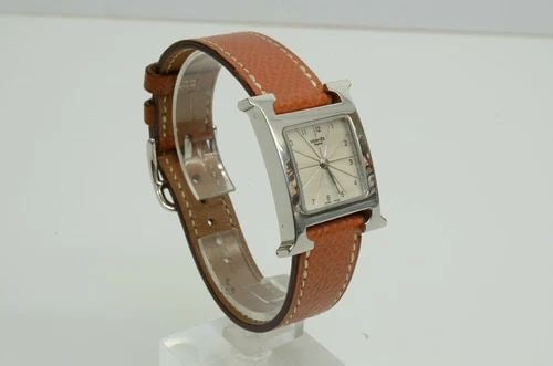 AUTHENTIC HERMES BROWN LEATHER STAINLESS STEEL STRIPED H LOGO 20MM WATCH HH1.210 (1 of 2)