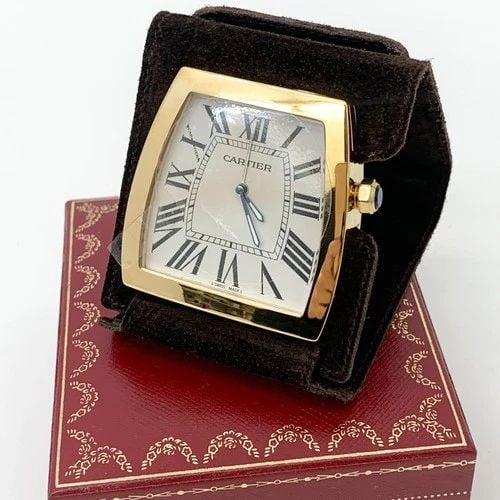 AUTHENTIC CARTIER CLOCK LA DONYA DESK HOME OFFICE NUMERAL COLLECTIBLE TIMEPIECE: AUTHENTIC CARTIER CLOCK LA DONYA DESK HOME OFFICE NUMERAL COLLECTIBLE TIMEPIECE Cartier La Donya Roman Numeral Clock Desk, Table, Home, Office Case: 37mm - 45mm Height: 50mm Gold, White, Brown Analog 