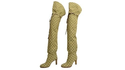 AUTHENTIC GUCCI KNEE HIGH BOOTS WOMENS 523513 KY9V0 9770 TAN CANVAS GUCCISSIMA (1 of 2)