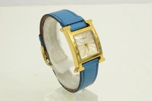 AUTHENTIC HERMES BLUE LEATHER GOLD PLATED H LOGO 29MM WATCH SUNBURST HH1.201 (1 of 2)