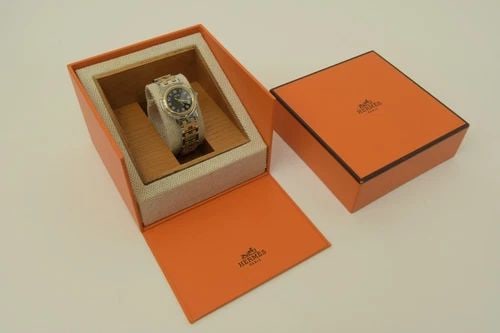 AUTHENTIC HERMES H LOGO BAND WATCH 23MM GP BLACK DIAL GOLD SS WOMENS QUARTZ DATE (1 of 2)