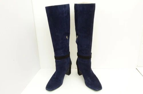 AUTHENTIC HERMES SUEDE BOOTS LONG NAVY ZIP BLACK BELT BUCKLE SHOES BLOCK HEELS (1 of 2)