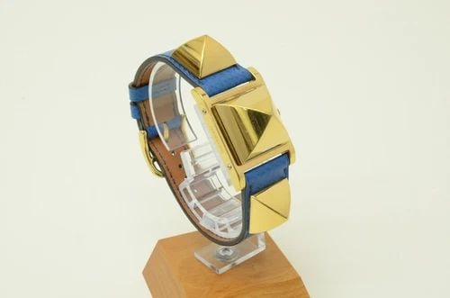 AUTHENTIC HERMES MEDOR SECRET 22MM WATCH VINTAGE BLUE LEATHER GP PYRAMID COVERED (1 of 2)