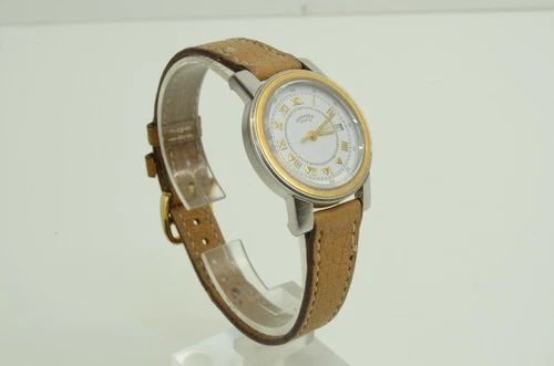 AUTHENTIC HERMES VINTAGE 25MM WATCH BROWN LEATHER GP ROMAN NUMERAL SS DATE (1 of 2)