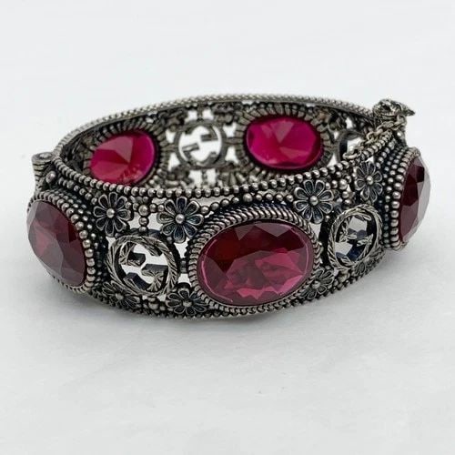 AUTHENTIC GUCCI BRACELET CUFF BANGLE 925 STERLING SILVER GG LOGO PINK GEMSTONE (1 of 2)