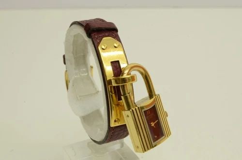 AUTHENTIC HERMES GOLD PADLOCK KELLY WATCH 19MM X 36MM GP BURGUNDY DIAL LEATHER (1 of 2)