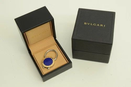 AUTHENTIC BVLGARI LAPIS LAZULI 18K GOLD KEYCHAIN VINTAGE LOGO CHARM ACCESSORY (1 of 2)