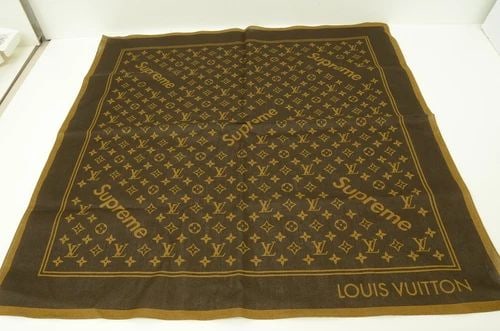 AUTHENTIC LOUIS VUITTON BROWN 100% COTTON LV MONOGRAM SUPREME SCARF 55CM POCKET (1 of 2)
