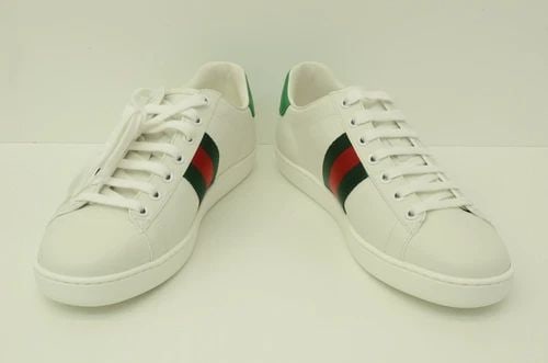 AUTHENTIC GUCCI PIG CAT YARN SHOES WHITE SNEAKERS GREEN WEB STRIPE 7.5 ACE LOW (1 of 2)