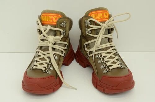 AUTHENTIC GUCCI RED RUBBER BOOTS BROWN LEATHER 34.5 WOMENS SHOES LOGO 522989 13E (1 of 2)