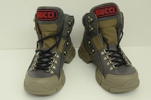 AUTHENTIC GUCCI GRAY RUBBER BOOTS LEATHER 36.5 WOMENS SHOES RED LOGO 522989 13E (1 of 2)