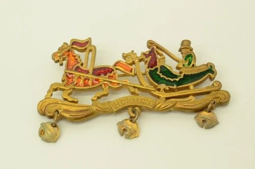 AUTHENTIC HERMES CHRISTMAS SLEIGH BROOCH GP PIN COLORED BELLS JEWELRY ACCESSORY (1 of 2)