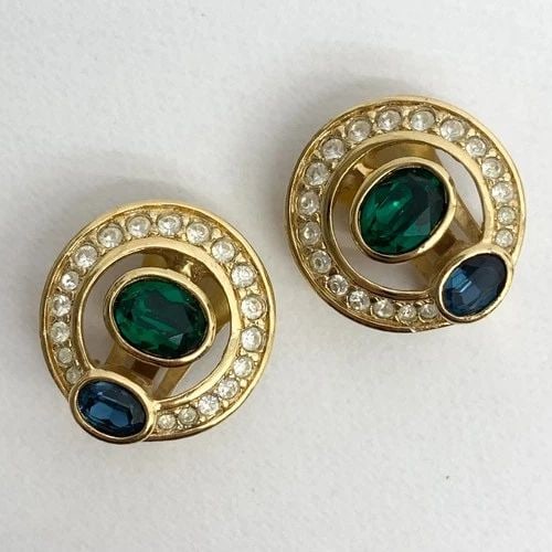 AUTHENTIC CHRISTIAN DIOR GP CLIP EARRINGS ROUND GREEN BLUE RHINESTONE JEWELRY: AUTHENTIC CHRISTIAN DIOR GP CLIP EARRINGS ROUND GREEN BLUE RHINESTONE JEWELRY Authentic Christian Dior GP Clip Earrings Round Green Blue Rhinestone Jewelry Jewelry Accessories Ladies, Womens, Female C
