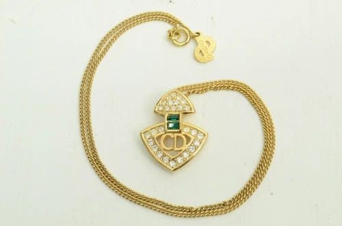 AUTHENTIC CHRISTIAN DIOR NECKLACE GOLD PLATED RHINESTONE EMERALD TRIANGLE CHARM: AUTHENTIC CHRISTIAN DIOR NECKLACE GOLD PLATED RHINESTONE EMERALD TRIANGLE CHARM Authentic Christian Dior Necklace Gold Plated Rhinestone Emerald Triangle Charm AUTHENTIC CHRISTIAN DIOR NECKLACE GOLD P