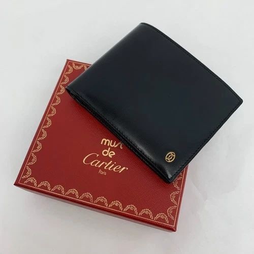 AUTHENTIC CARTIER BLACK BIFOLD WALLET LEATHER VINTAGE GOLD DECOR SIGNATURE LOGO (1 of 2)