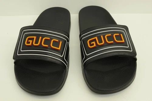 AUTHENTIC GUCCI FLIP FLOPS BLACK LETTER LOGO SANDALS SHOES 575072 DIR00 1000 (1 of 2)