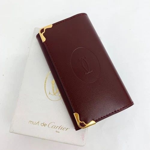 AUTHENTIC CARTIER VINTAGE LEATHER DOUBLE C DECOR WALLET KEY CASE BURGUNDY 3: AUTHENTIC CARTIER VINTAGE LEATHER DOUBLE C DECOR WALLET KEY CASE BURGUNDY 3 AUTHENTIC CARTIER VINTAGE LEATHER DOUBLE C DECOR WALLET KEY CASE BURGUNDY 3 Must de Cartier Double C Decor Trifold Key Case 
