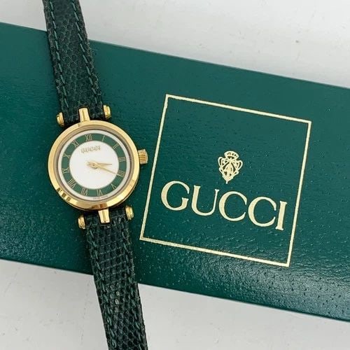 AUTHENTIC GUCCI WATCH 21MM LEATHER ROMAN NUMERAL QUARTZ GREEN GP WRISTWATCH: AUTHENTIC GUCCI WATCH 21MM LEATHER ROMAN NUMERAL QUARTZ GREEN GP WRISTWATCH AUTHENTIC GUCCI WATCH 21MM LEATHER ROMAN NUMERAL QUARTZ GREEN GP WRISTWATCH