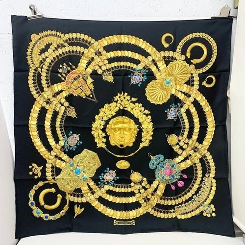 AUTHENTIC HERMES SCARF KOSMIMA JEWEL BLACK GOLD 90CM JULIA ABADIE SILK WRAP (1 of 2)