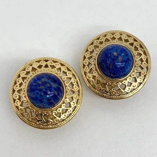 AUTHENTIC CHRISTIAN DIOR CLIP ON EARRINGS GP LAPIS LAZULI ROUND GOLD JEWELRY SET: AUTHENTIC CHRISTIAN DIOR CLIP ON EARRINGS GP LAPIS LAZULI ROUND GOLD JEWELRY SET AUTHENTIC CHRISTIAN DIOR CLIP ON EARRINGS GP LAPIS LAZULI ROUND GOLD JEWELRY SET