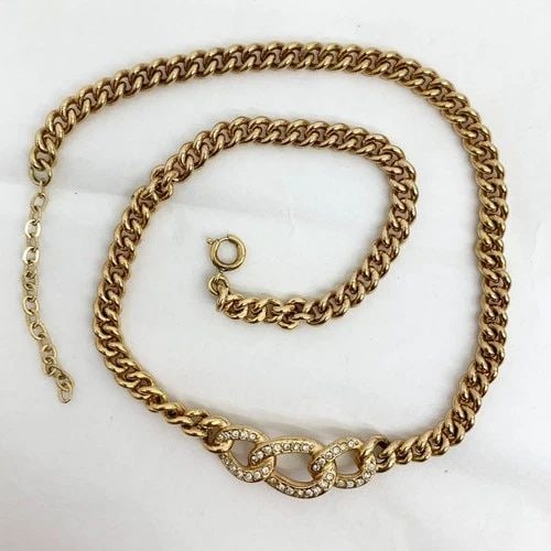 AUTHENTIC CHRISTIAN DIOR RHINESTONE LINK NECKLACE GP CHAIN JEWELRY ACCESSORY (1 of 2)