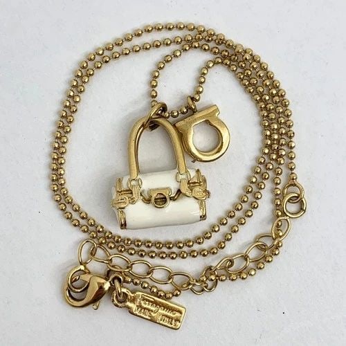 AUTHENTIC FERRAGAMO GANCINI GP NECKLACE WHITE PURSE BAG CHARM EMBLEM JEWELRY: AUTHENTIC FERRAGAMO GANCINI GP NECKLACE WHITE PURSE BAG CHARM EMBLEM JEWELRY Authentic Ferragamo Gancini GP Necklace White Purse Bag Charm Emblem Jewelry Salvatore Ferragamo Vintage Gancini Necklace J