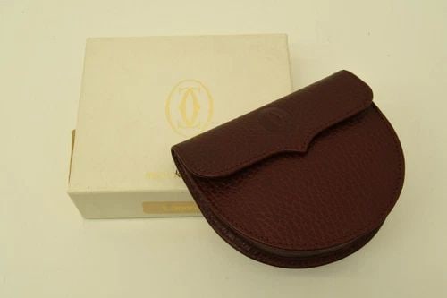AUTHENTIC CARTIER DOUBLE C DECOR HALF CIRCLE COIN CASE BURGUNDY LEATHER WALLET (1 of 2)