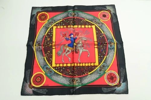 AUTHENTIC HERMES 100% SILK SCARF FEUX D'ARTIFICE BLACK RED DUCHENE VINTAGE 42CM (1 of 2)
