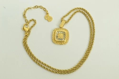 AUTHENTIC CHRISTIAN DIOR NECKLACE SQUARE SIGNATURE GP RHINESTONE CHARM JEWELRY: AUTHENTIC CHRISTIAN DIOR NECKLACE SQUARE SIGNATURE GP RHINESTONE CHARM JEWELRY Authentic Christian Dior Necklace Square Signature GP Rhinestone Charm Jewelry AUTHENTIC CHRISTIAN DIOR NECKLACE SQUARE S