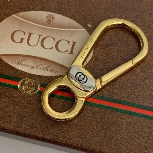 AUTHENTIC GUCCI LOGO CARABINER GP KEYCHAIN ACCESSORY GOLD PLATED SILVER PARF (1 of 2)
