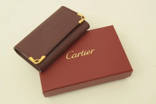 AUTHENTIC CARTIER BURGUNDY LEATHER KEY RING WALLET LOGO GP VINTAGE CARD HOLDER: AUTHENTIC CARTIER BURGUNDY LEATHER KEY RING WALLET LOGO GP VINTAGE CARD HOLDER Authentic Cartier Burgundy Leather Key Ring Wallet Logo GP Vintage Card Holder Leather, Gold Plated Signature Emblem Clip