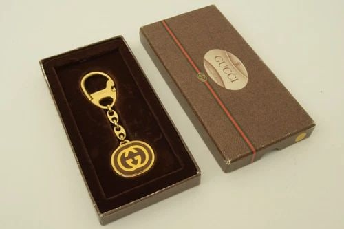AUTHENTIC GUCCI ANNIVERSARY GOLD PLATED BROWN GG LOGO KEYCHAIN JEWELRY W BOX (1 of 2)